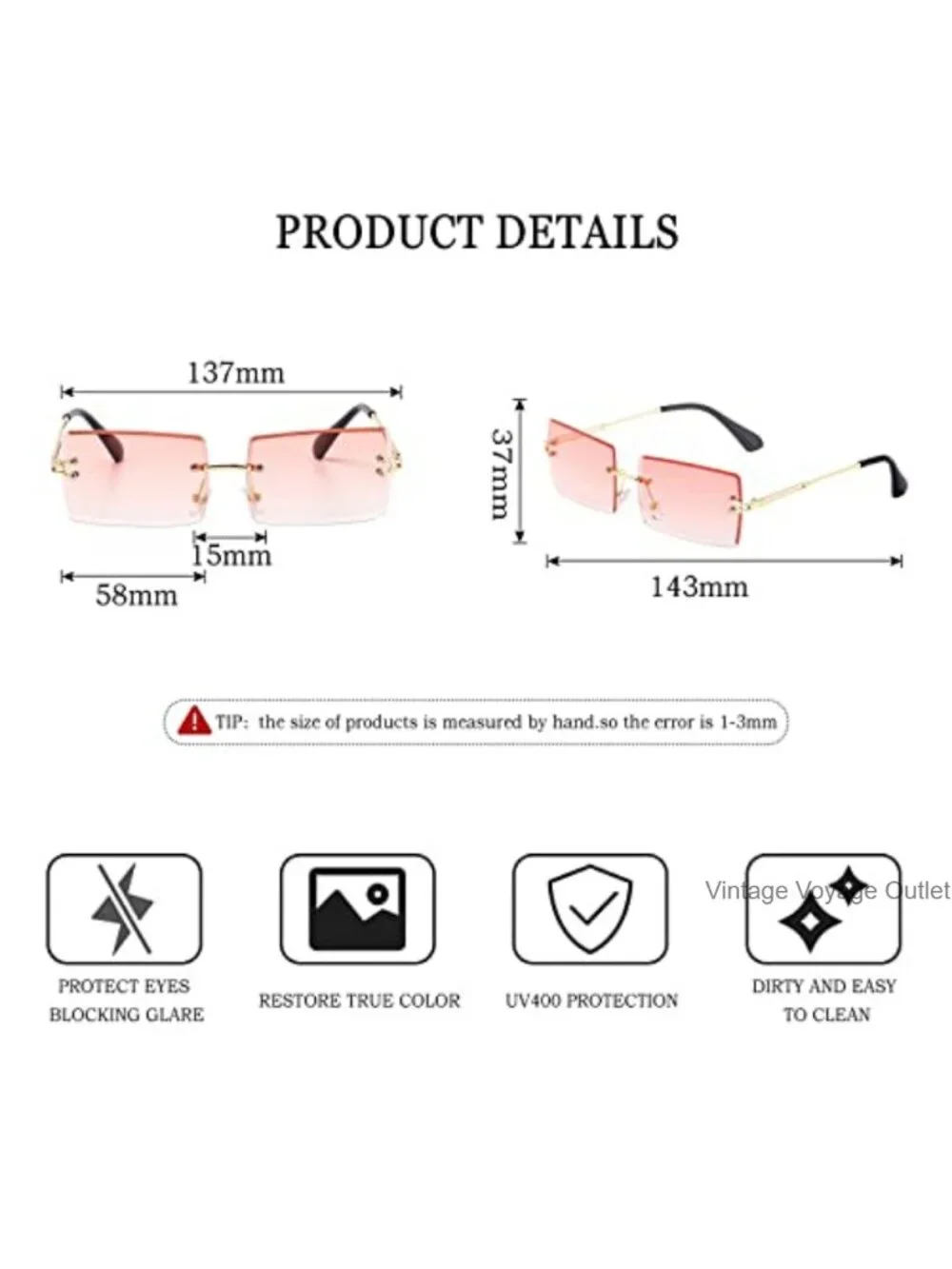 Rimless Rectangular Sunglasses UV400 Polarized Metal Frame Unisex